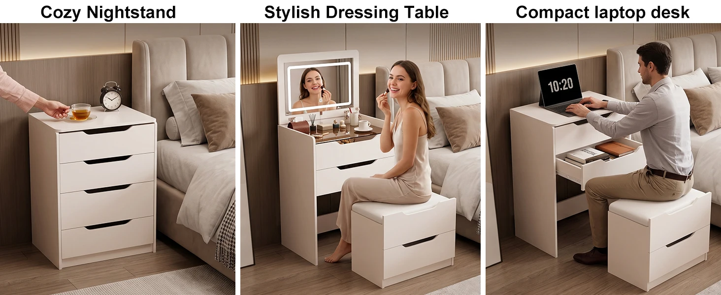 3 in 1 Hidden Vanity Desk with Flip Top LED Mirror, 3 Color Lighting, Compact Vanity with 3 Drawers, Glass Top & Hidden Storage Chair, Modern Small Dressing Table Nightstand for Bedroom, White