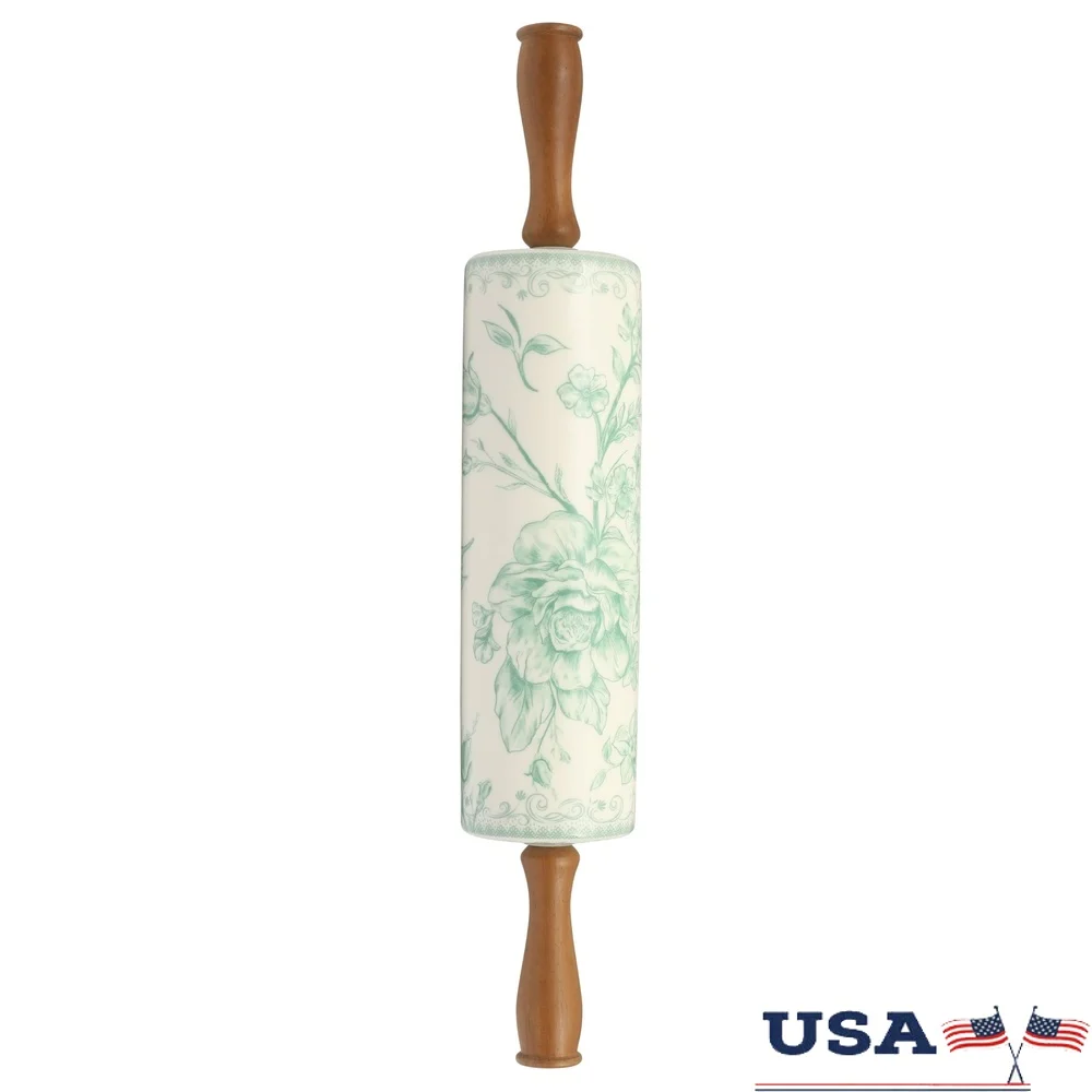 

Ceramic Rolling Pin with Olivewood Handles Floral Design Kitchen Tool Dough Pizza Pie Baking 18.25 Inch Stoneware