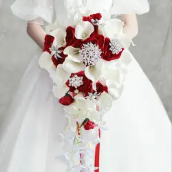 Ramo de flores artificiales de cascada para dama de honor, rosa roja con cinta de satén de seda, fiesta nupcial