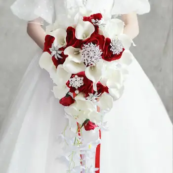 Holding Waterfall Flowers Artificial Red Rose Wedding Bouquet with Silk Satin Ribbon Bridesmaid Bridal Party