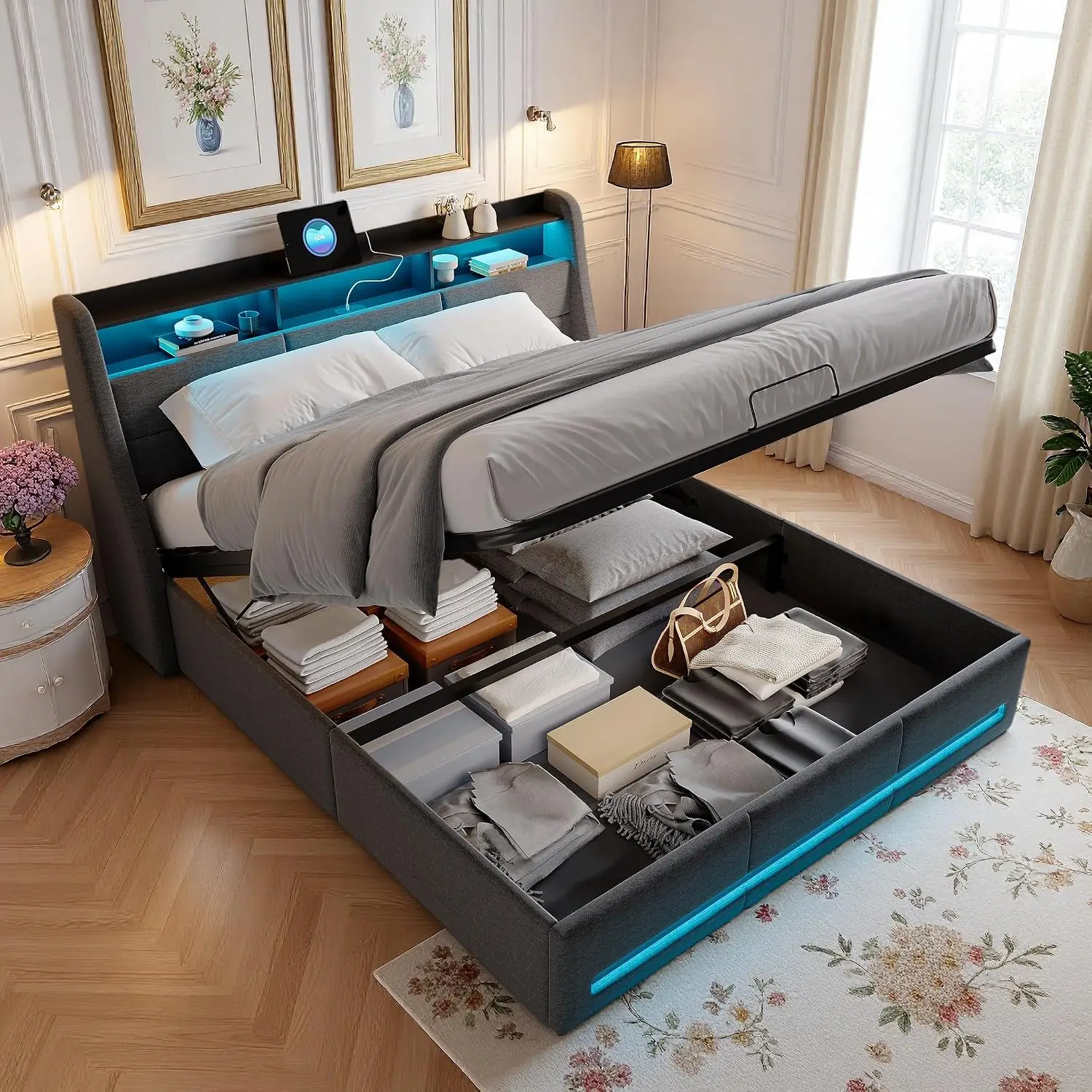 Letto imbottito Fangange, modello matrimoniale 140/160x200, con vano contenitore e struttura a dischi, testiera con luci a LED e presa USB per la ricarica, dimensioni 140x190 cm (spedito in 2 pacchi).