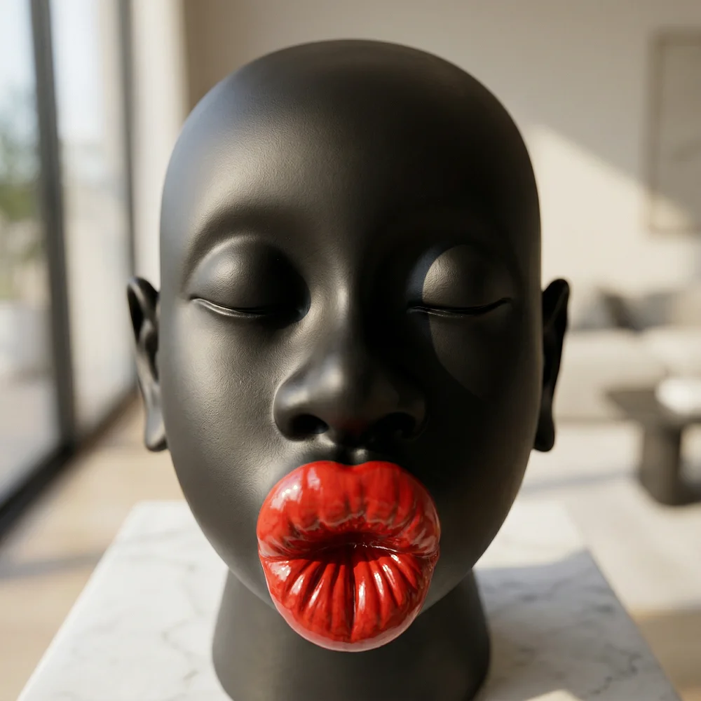 Moderne Schwarze Rote Lippen Desktop-Frauenfigur Kopfdekoration Wohnungsdekoration Kunstharz-Handwerk