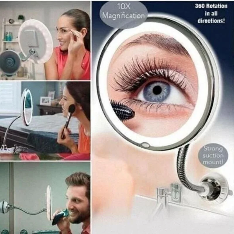 360° Flexible Light Up 10X Magnification Makeup Mirror Flexible Gooseneck Mirror with LED Lights, No Hole Punching