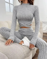 Women's Minimalist Suits 2024 Spring/summer Latest Casual Mock Neck Crisis Cross Crop Long Sleeve Top & Daily Sports Pants Set