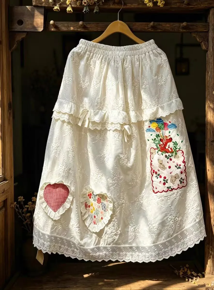 

New Women's Lolita Skirts Vintage Mori Girl Cotton Long Skirt Sweet Girls Lace Embroidered Elastic Waist Skirt
