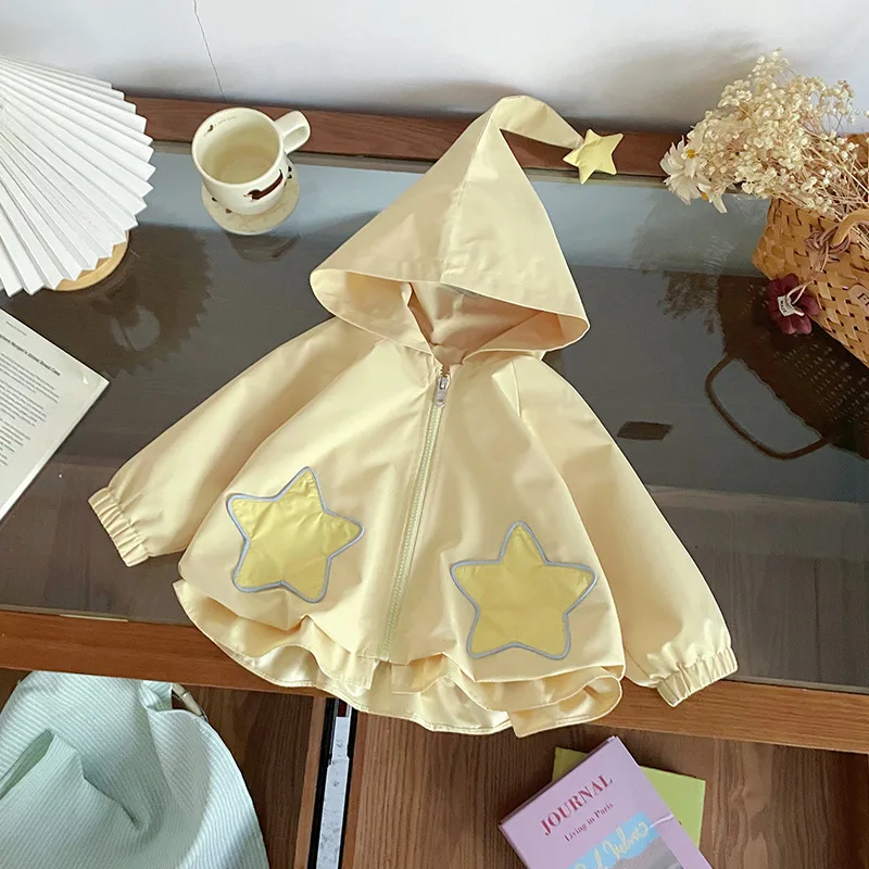 

2026 Spring New Children's Star Patch Cute Elf Hoodie Wave Bottom Zipper Thin Cotton Coat