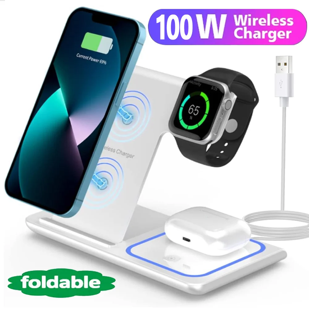 100W 3 In 1 Wireless Charger Stand Pad Foldable Fast Charging Dock Station For iPhone 15 14 13 12 Pro Max Apple Watch 8 7Airpods