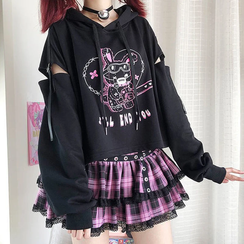 Stitch traf Y2k Hip-hop Loli's new dark hooded short sweater splicing belt hollow female autumn and winter Korean comments a lot