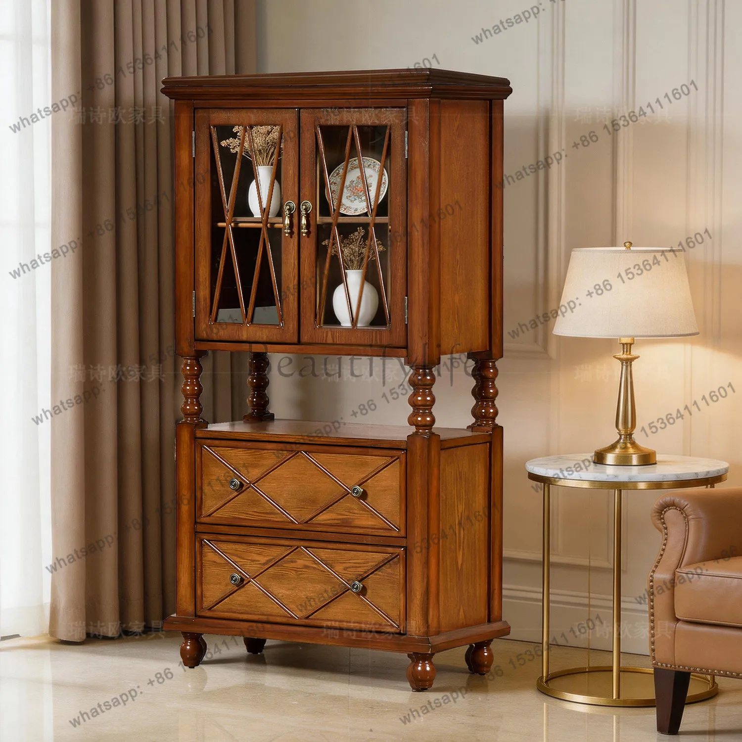 Factory Direct American Country Solid Wood Cabinet, Living Room Double Open Glass Door Side Cabinet