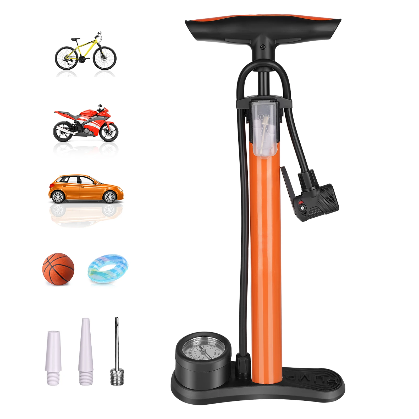 Bike Pump With Gauge Multi-functional Inflator For Bicycles And Cars 160PSI With High-Pressure Gauge And 3-in-1 Nozzle Air Pump
