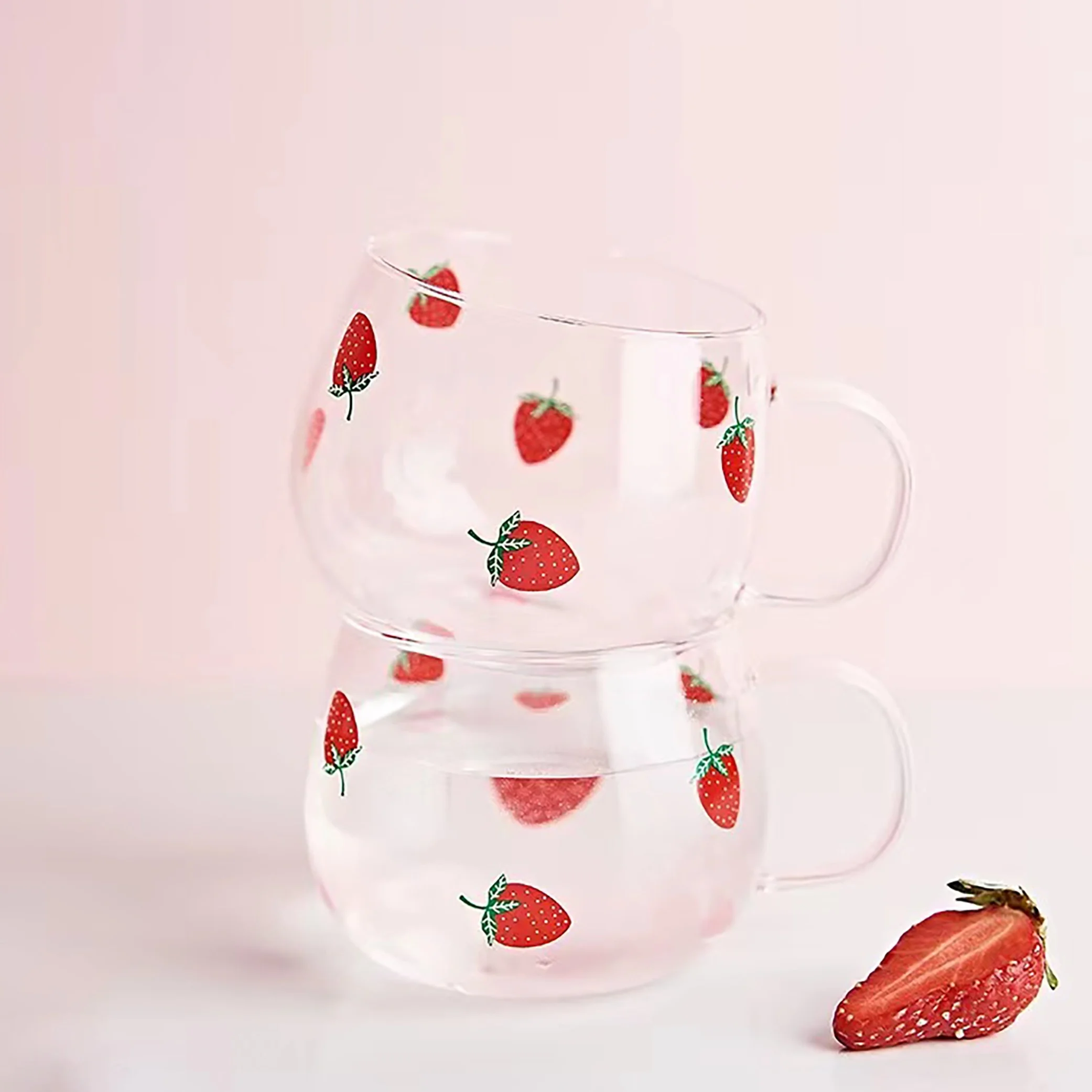 350ml Strawberry Drinking Glassjuice Mug Coffee Cup Clear Mugs With Handle Transparent Glass Oat Milk Cup Summer Drinkware