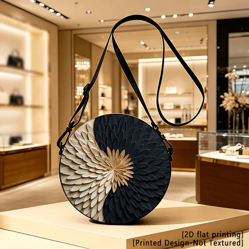 Black Gold Floral Relief Round Shoulder Bag Casual Messenger Bag Daily Adjustable Strap Crossbody Bag for Woman Multi-function