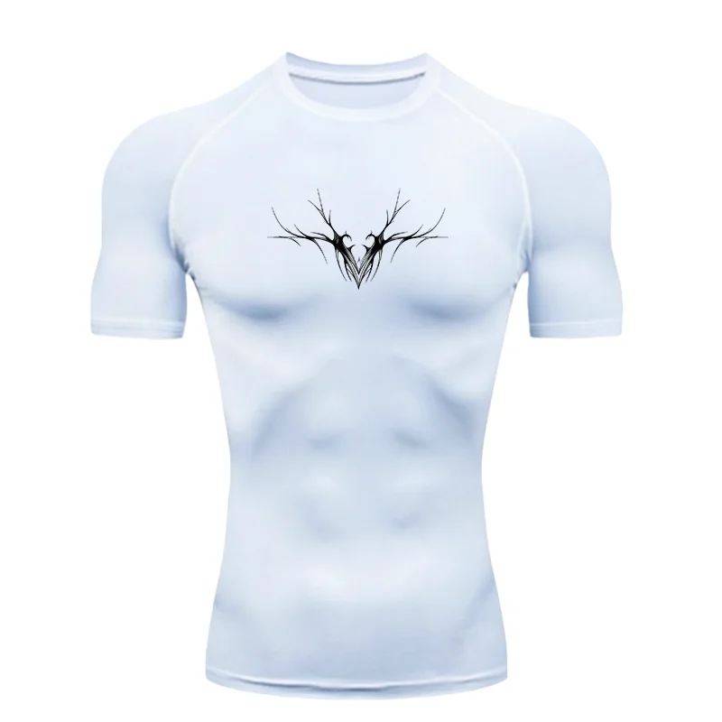 2026 Herren Sport-T-Shirt Training Fitness Kompression Kurzarm Rashguard mit Schwarzem Vogelmuster Schnelltrocknende Athletische Oberteile