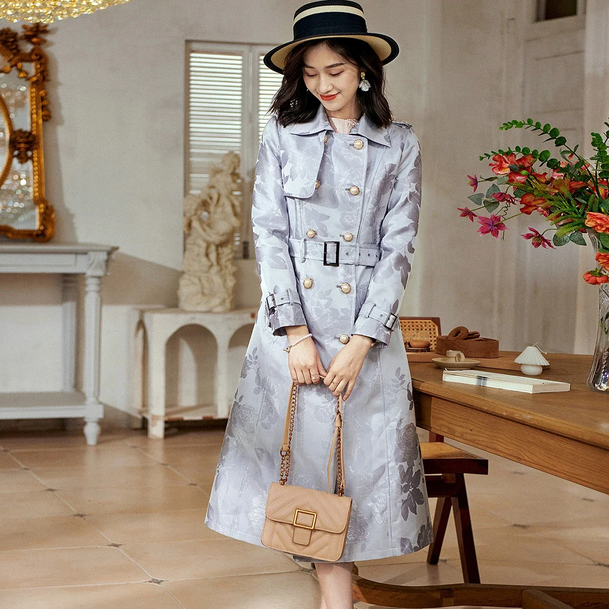 

Spring Fall Women Double Breasted Slim Buttons Dobby Floral Grey Trench Coat , Woman Clothing Elegant Silver Jacquard Coats