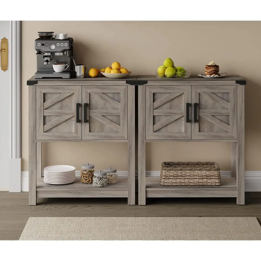 

2-Piece Sideboard Set, Wooden Buffet Cabinet with Barn Door, Adjustable 5-Shelf, Washed Grey Finish for Living and Kitchen Space