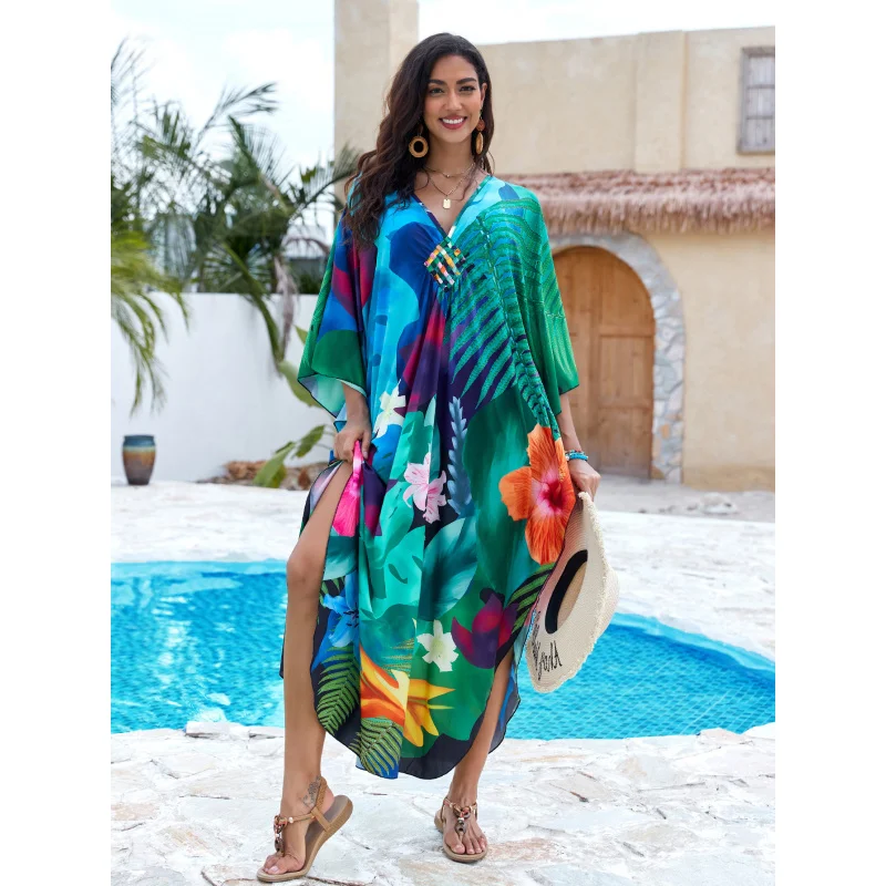 2026 New European American Beach Cover Up Handmade Crochet V Neck Loose Resort Dress Bikini Sun Protection Shirt
