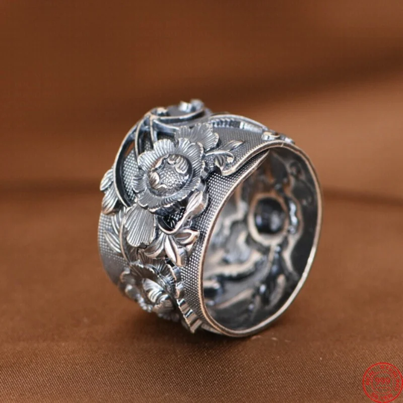 S999 Sterling Silver Charms Rings for Men Women Vintage Emboss Peony Flower New Fashion Ethnic Style Jewelry Wholesale