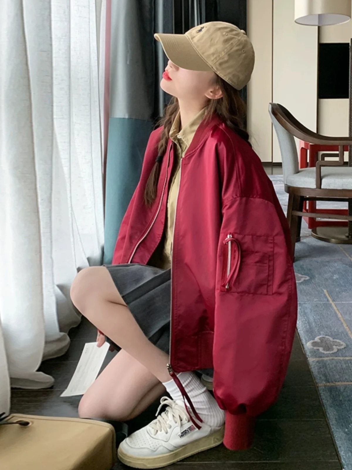 

Faionable Pilot Jaet Women's ort Casual Loose American Baseball Sle Spring Autumn New Arrival Small Size Friendly