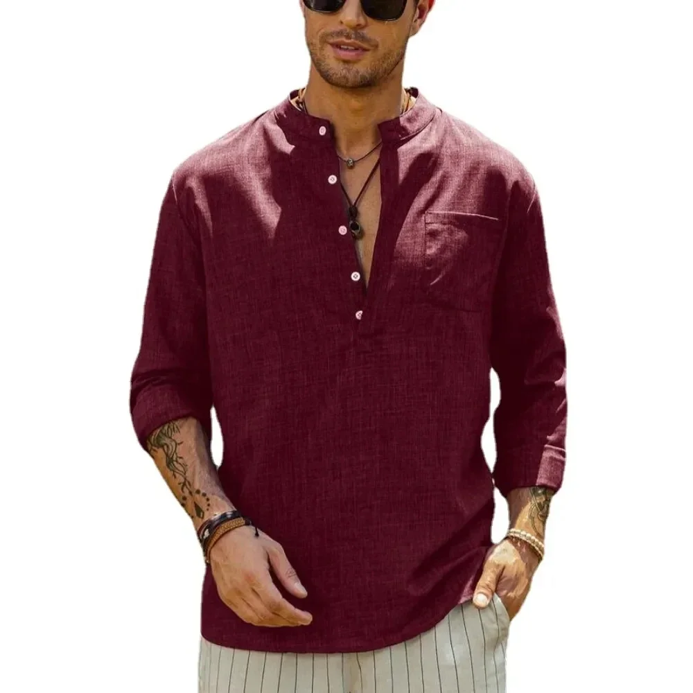 Summer Hot Sale Men\'s Cotton Line Shirts Long-Sleeved Solid Color  Stand-Up Collar Tops Casual Beach Style Daily Breathable Wear