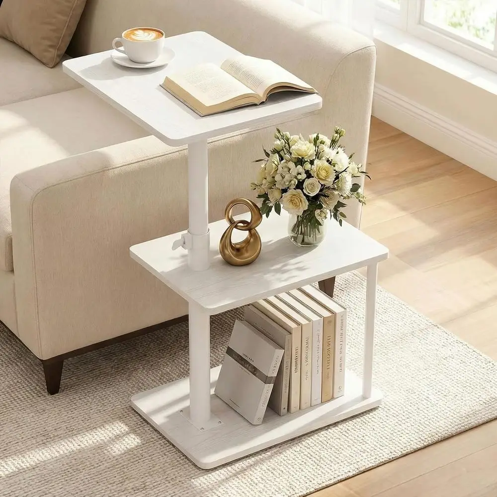 360° Swivel Side Table, Height Adjustable C Shaped End Table, 3-Tier Night Stand with Open Shel, TV Tray for Small Spaces, Livin