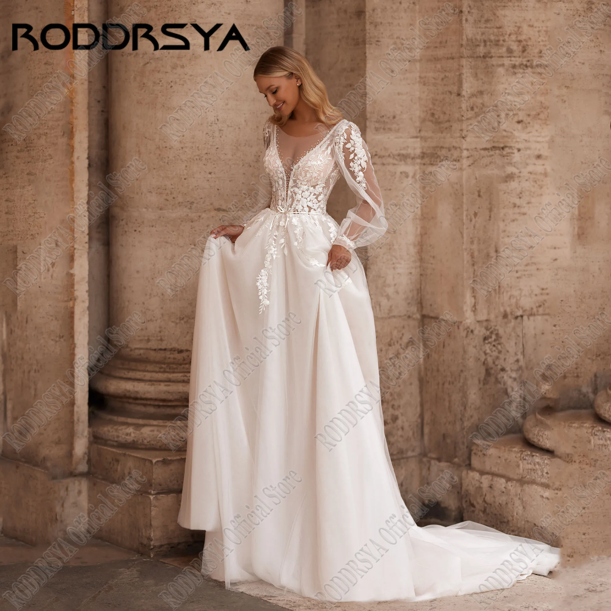 

RODDRSYA Long Sleeves Customized Princess Beading Wedding Dress O Neck Applique A Line Tulle Bridal Gown 2025 Vestido De Novia