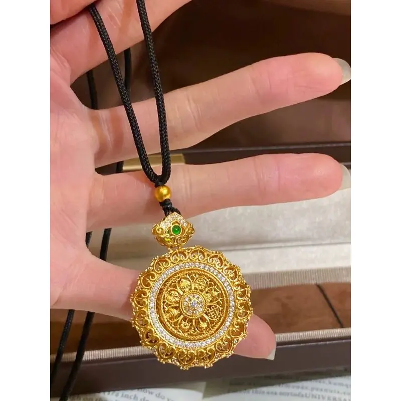 24k 999 gold Chinese style filigree compass green chalcedony pendant collarbone chain sweater chain necklace