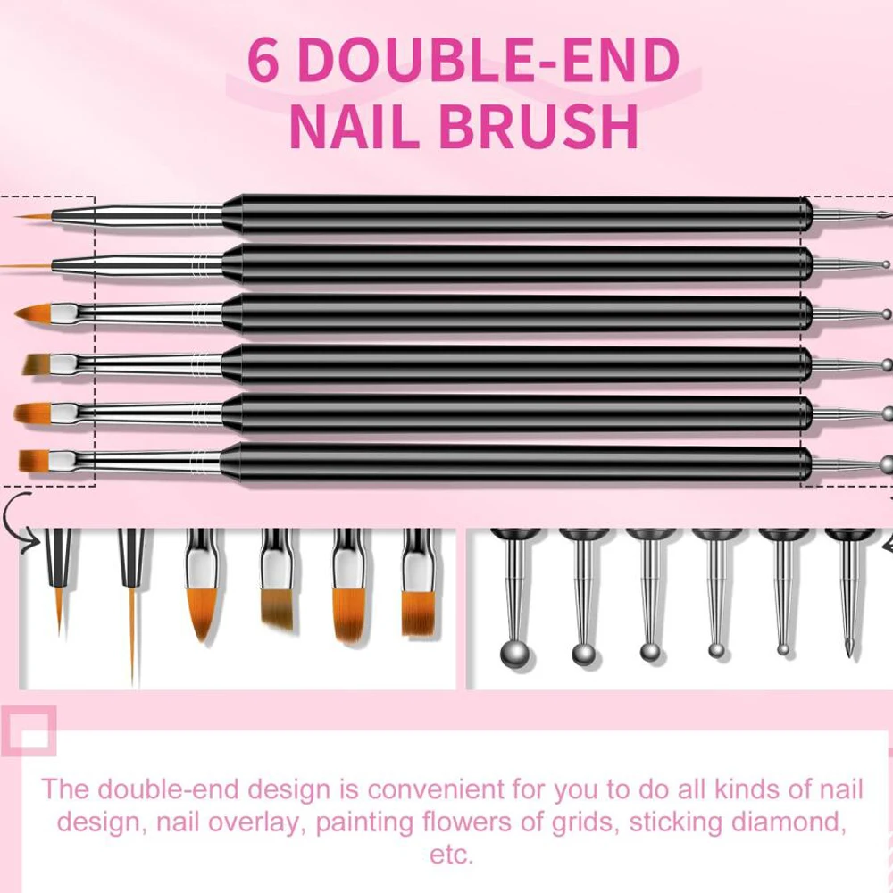 6개/세트 아크릴 네일 아트 브러쉬 & 도팅 툴 키트 양면 프렌치 네일 페인팅 펜 네일 디자인 디테일 라이너 네일 도구 *