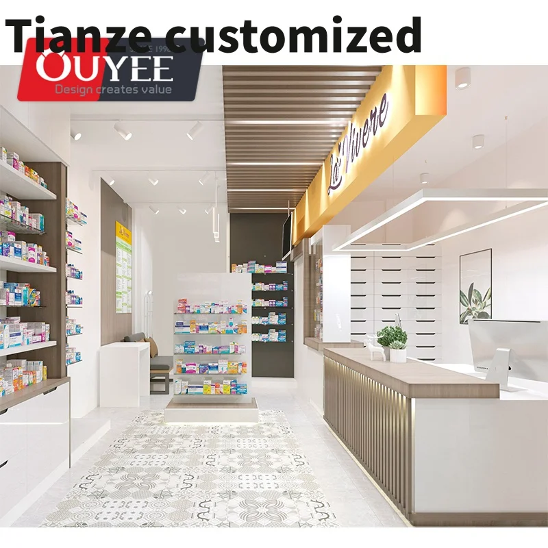 Customized-Luxury Pharmacy Wooden Showcase Shelf Design Retail Medical Store Display Stand Furniture Wooden Pharmacy Shelves