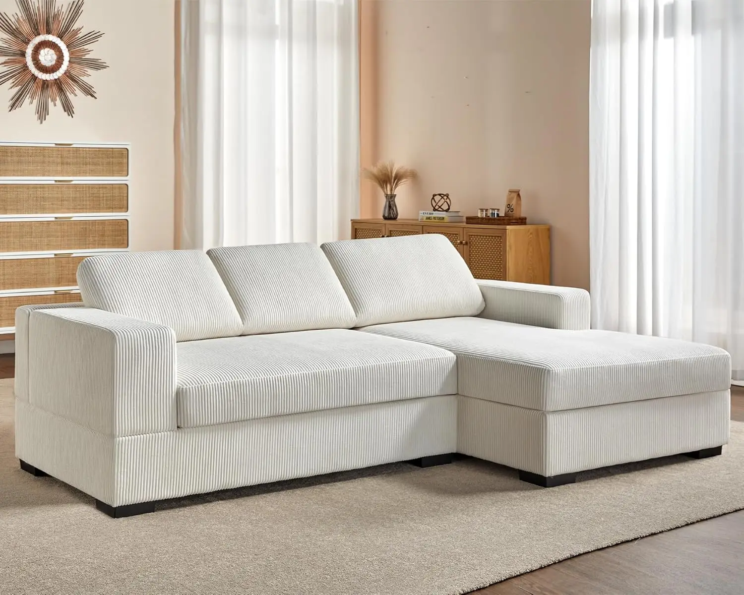 96 inch Oversized Sectional Sofa, Modern Couch with Chaise, Comfy Sofa Couch with Right Chaise, White Corduroy Sofa