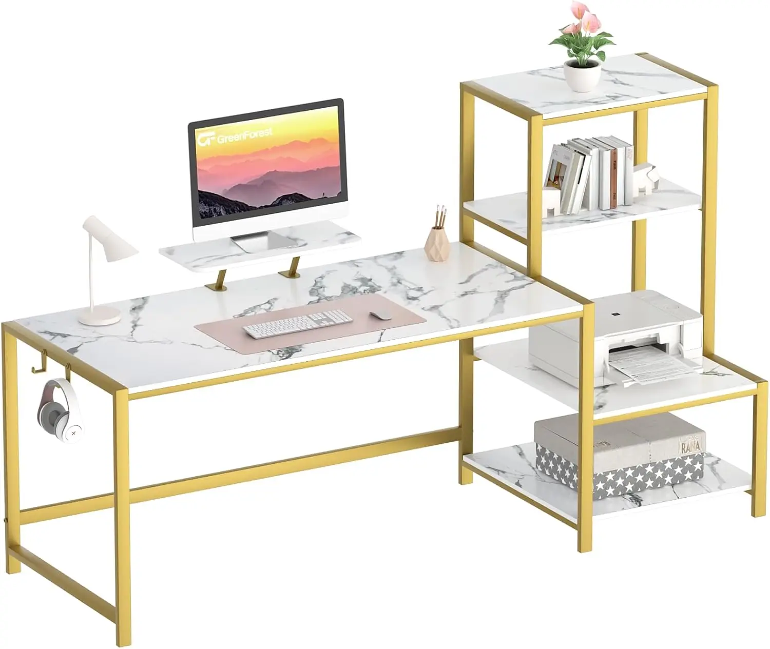 

Computer Desk with Storage Printer Shelf, 67 inch Home Office Vanity Desk with Movable Monitor Stand and 2 Headphone Hook