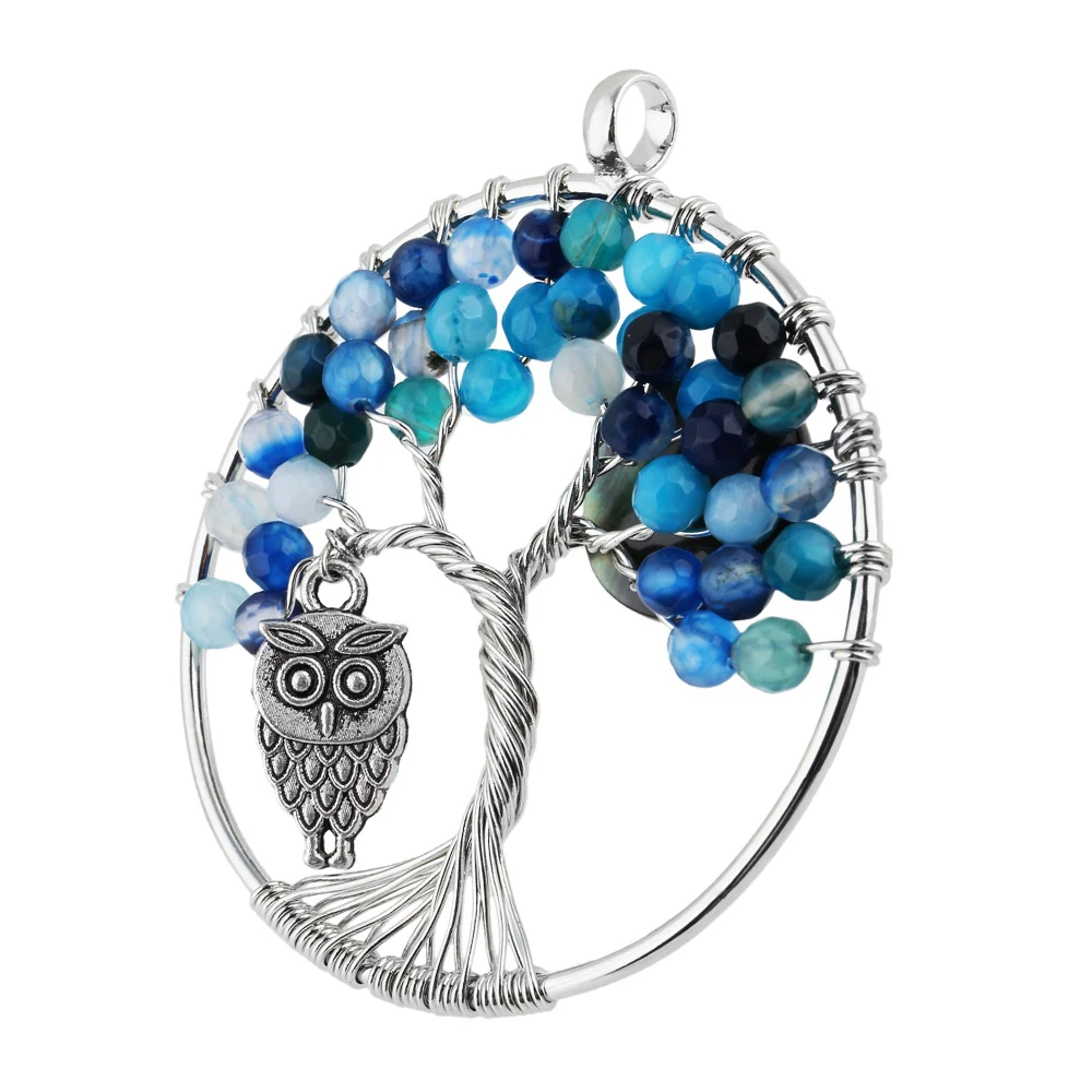 

SUNYIK 18KGP Life Tree Pendant Blue Agate Stone Round Beads As leaf Owl Hung Under Abalone Shell Full Moon Poetry Jewelry