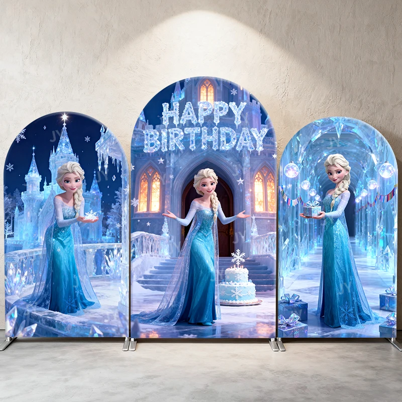 

Frozen Elsa Happy Birthday Arch Backdrop Cover Ice Castle Party Decoration Photography Prop for Kids Snowy Themed Fabric Cover
