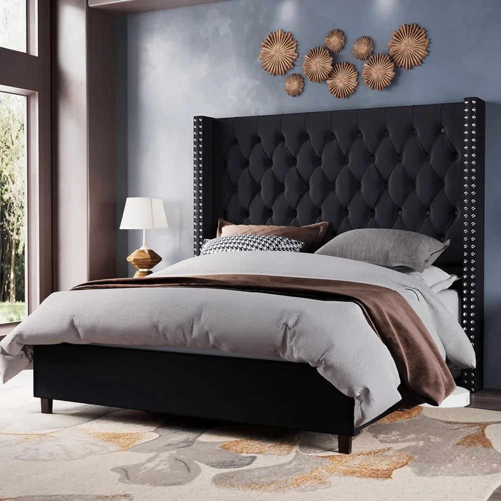 

Velvet Upholstered Bed Frame King Size 61.4" Tall Headboard King Bed Frame/Deep Button Tufted/No Box Spring Needed/Grey