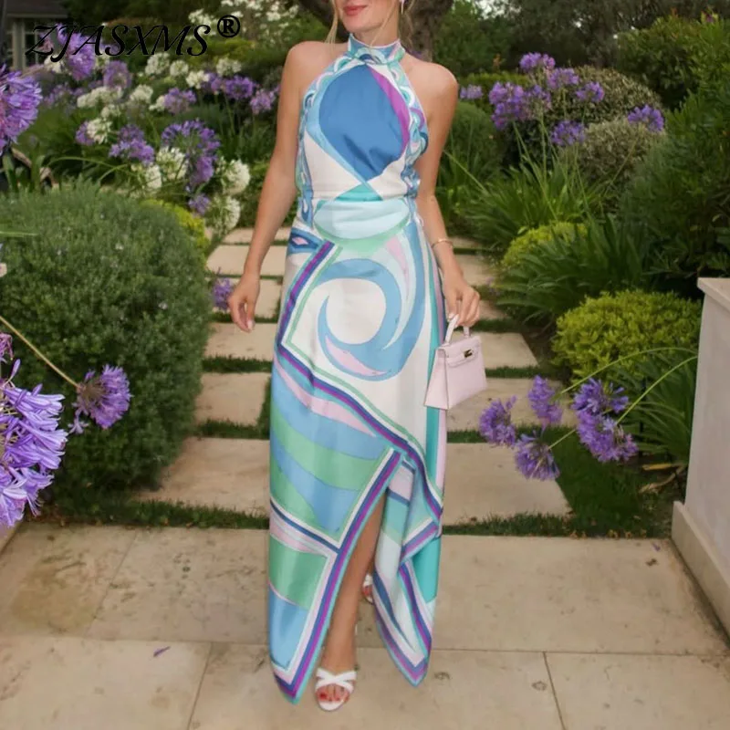 

Spring Summer Satin Holiday Outfits Woman Sexy Tie-up Halter Top & Irregular Skirt Set Backless Pattern Print New Two Piece Suit