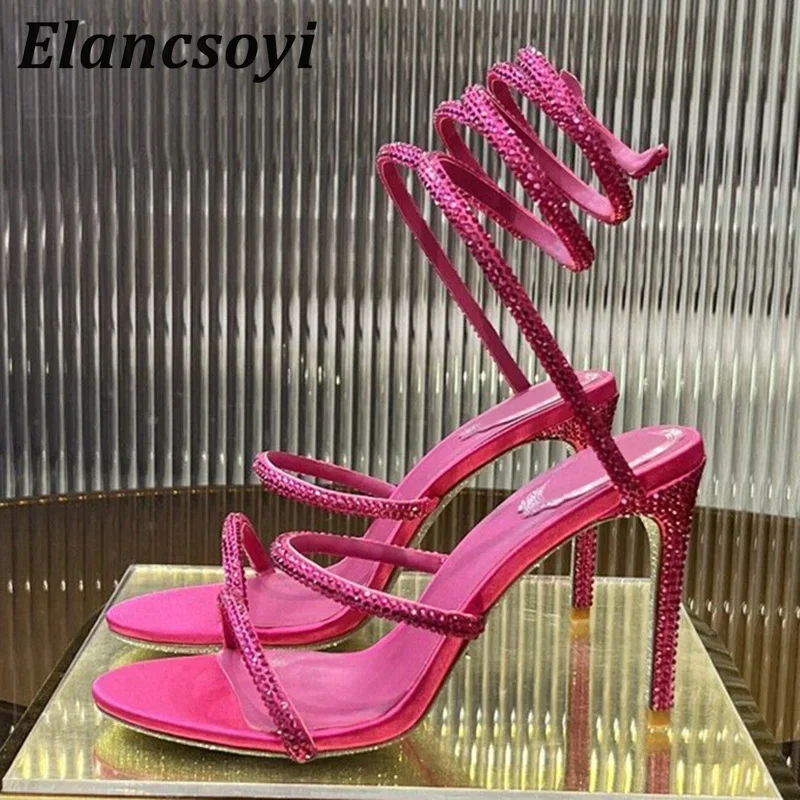 Thin High Heels Gladiator Sandals Women's Shiny Rhinestone Snake Shaped Party Fairy Shoes Summer Sexy Crystal Sandalias Mujerr