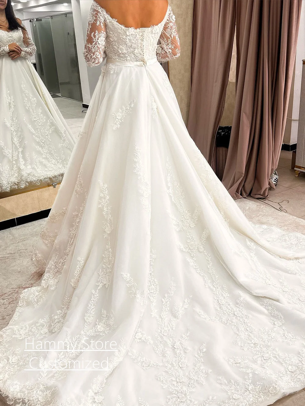 Exquisites Spitzenhochzeitskleid, maßgeschneidert, V-Ausschnitt, lange Ärmel, Paillettenapplikation, A-Linie, königliches Brautkleid, arabische Brautkleider