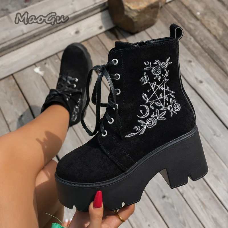 

Fashion Flower Platform Short Boots Chunky Heel Punk Suede Leather Women Shoes Lace-Up Side Zipper Ladies Black Bottines Size 35
