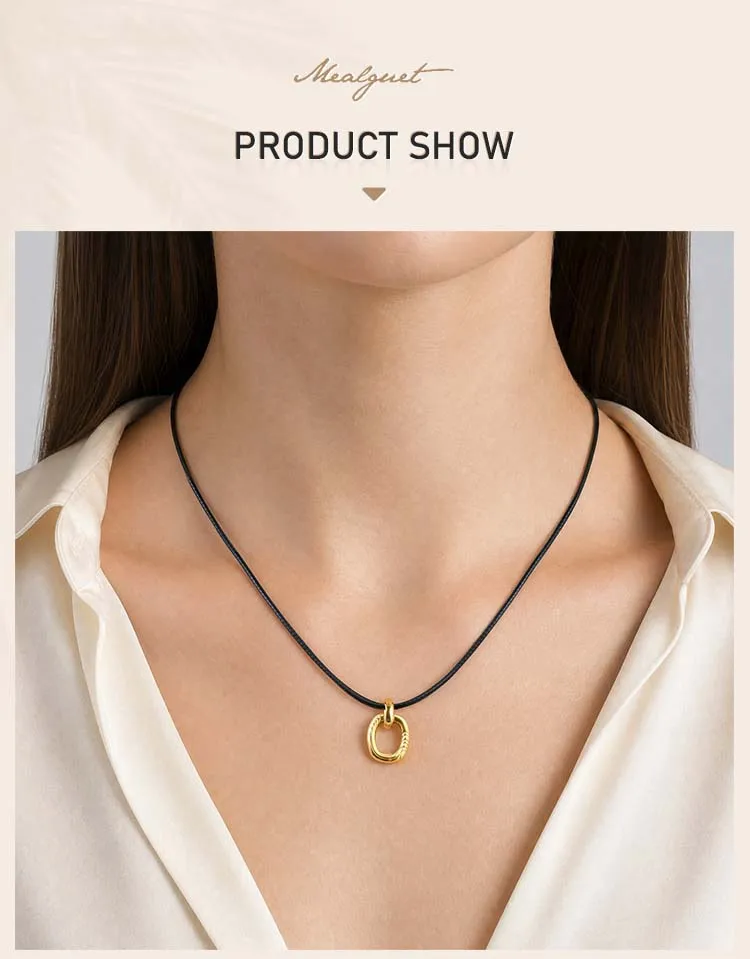 Halskette mit schwarzem Wachsschnurband, ovaler Anhänger aus goldfarbenem Edelstahl, rostbeständiger, minimalistischer Statement-Schmuck – Detail 1