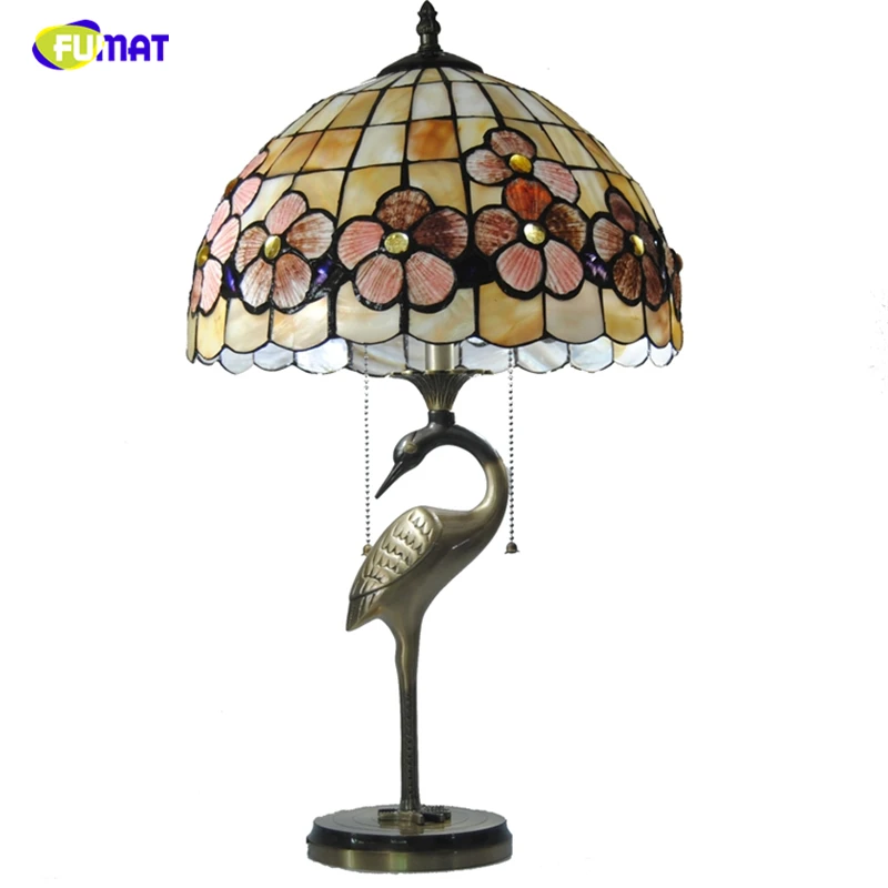 FUMAT Tiffany Natural Shell Lampshade Table Lamps LED Copper Crane Shape Stand Table Lights Home Decor BAR Living Room Lightings