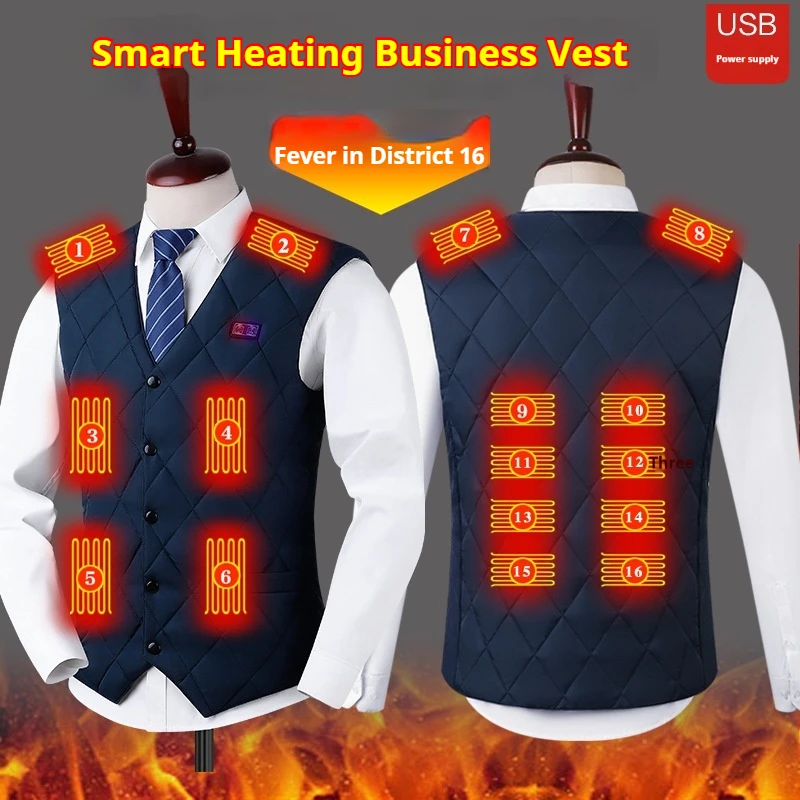 Men's 16-Zone Heated Vest Winter USB Electric Heating Waistcoat Intelligent Heating Business Vest Outdoor Warm Thermal Clothing