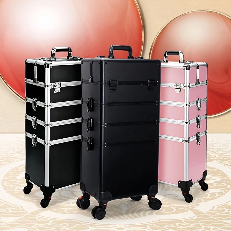 Detachable Rolling Makeup Case Large Storage Cosmetic Trolley 4 Layers Large Capacity Makeup Organizers Travel Case with Key