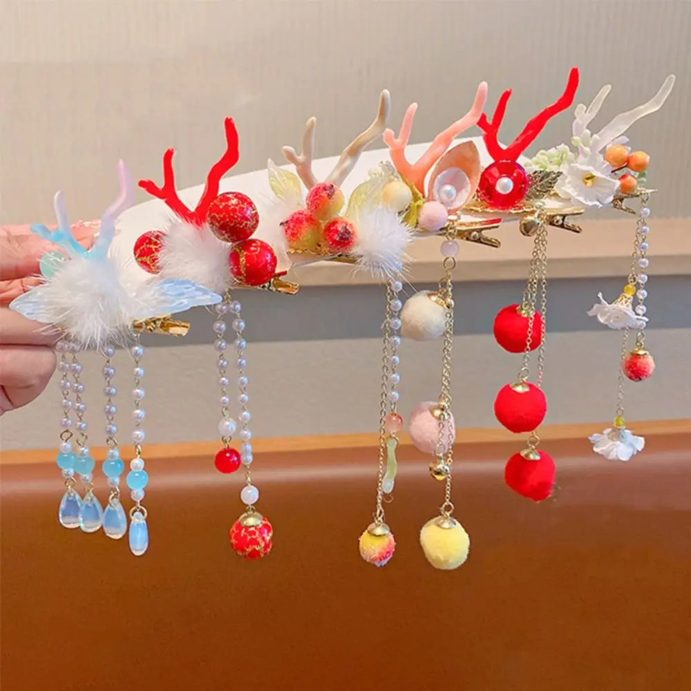 Simple Tassel Children Red Hairpin Plush Bow Hanfu Hair Sticks Cloth Girl Hair Accessories Ancient Style Hairpin Baby