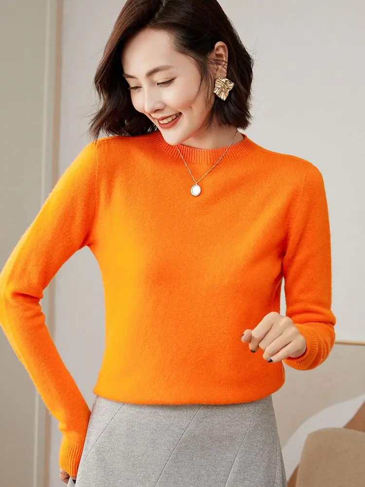 Addonee Autumn Winter Women O-Neck Sweater 100% Merino Wool Basic Bottoming Shirt Cashmere Knitted Pullover Female Clothing Tops