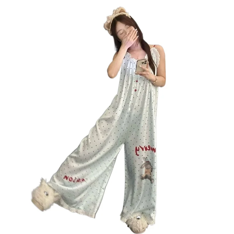 

Синяя пижама-комбинезон с принтом кроликов в горошек для женщин, летняя новинка 2026 года, модная, свободная, удобная, с кружевной отделкой, для дома