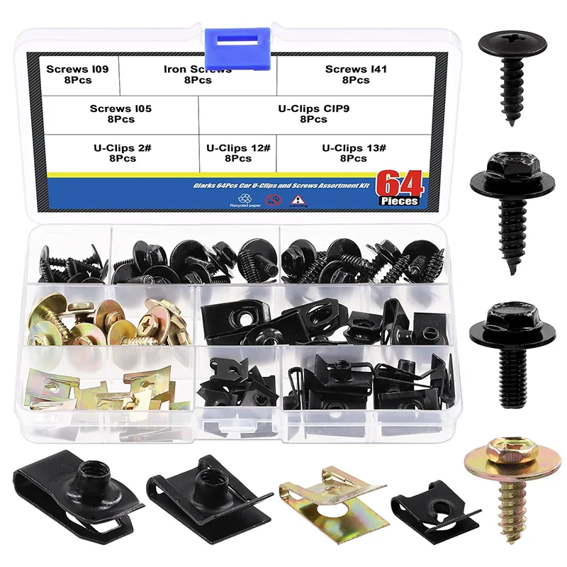 64Pcs U-Clips and Body Bolts Screws Kit Auto Car Clips U Nuts Fasteners with Self Tapping Screw for Bumper Fender Trim Panels