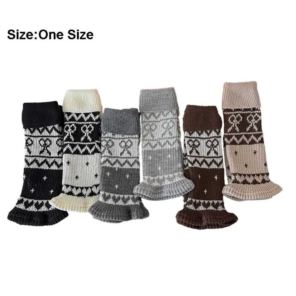 Retro Bowknot Kids Leg Warmers Knitted Thickened Lolita Long Socks Solid Color Keep Warm Mid-Calf Sock Winter