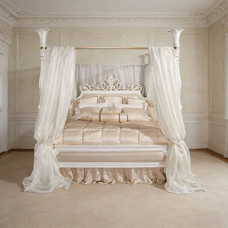 Luxury White Color Wooden Flower Design Silk Fabric Headboard Hand Carving King Queen Size Bed Italy Style Bedroom