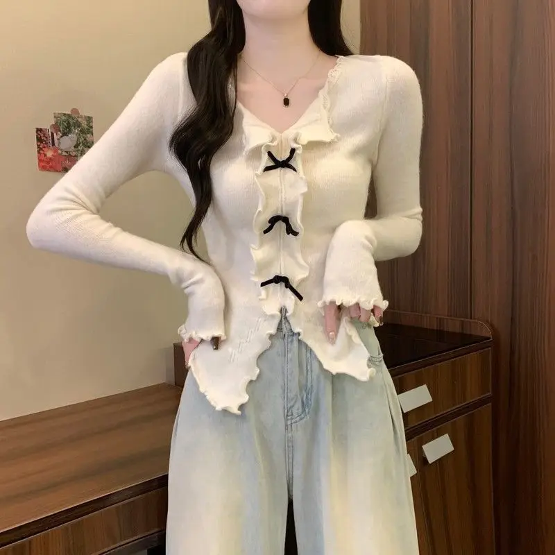 

Spring Fall Women V Neck Knitted Slim Irregular Beige Grey Bow Ruffles Knitted Top Shirt , Woman Knitting Tops Shirts