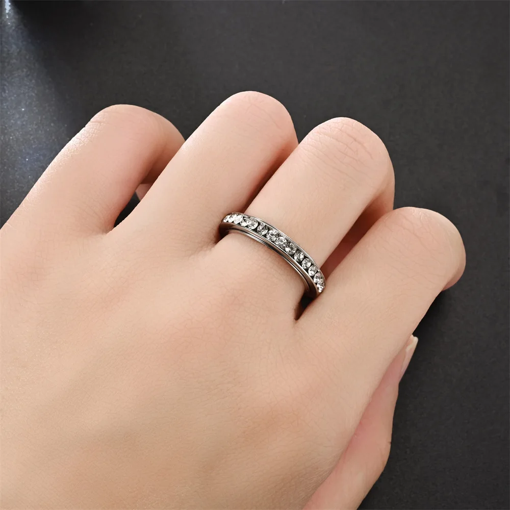

4mm Stainless Steel Rotatable Wedding Ring for Women Girls Fashion Charm CZ Crystal Anniversary Jewelry Wholesale