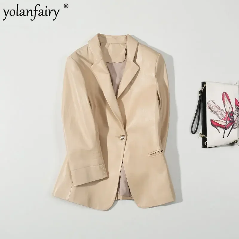 YOLANFAIRY سترة جلدية أصلية للنساء معطف من جلد الغنم الطبيعي للنساء ملابس جلدية قصيرة ضيقة للربيع Chaqueta Cuero FCY417